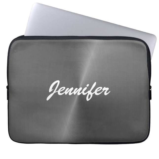 Grey shiny faux metal custom name laptop sleeve (Front)