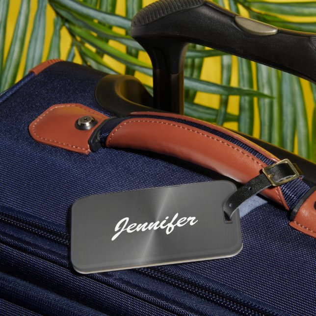 Grey shiny faux metal custom name luggage tag (Front Insitu 3)