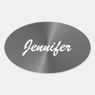 Grey shiny faux metal custom name oval sticker