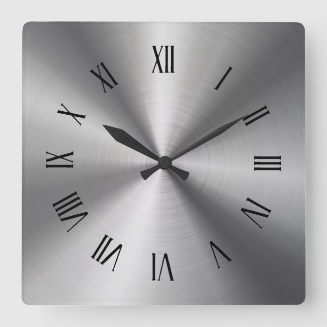 Grey Shiny Metallic-Stainless Steel Roman Numerals Square Wall Clock (Front)