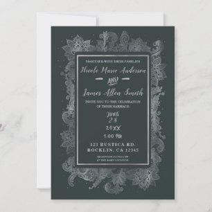 Grey & Shiny Silver Elegant Floral Wedding Invitation