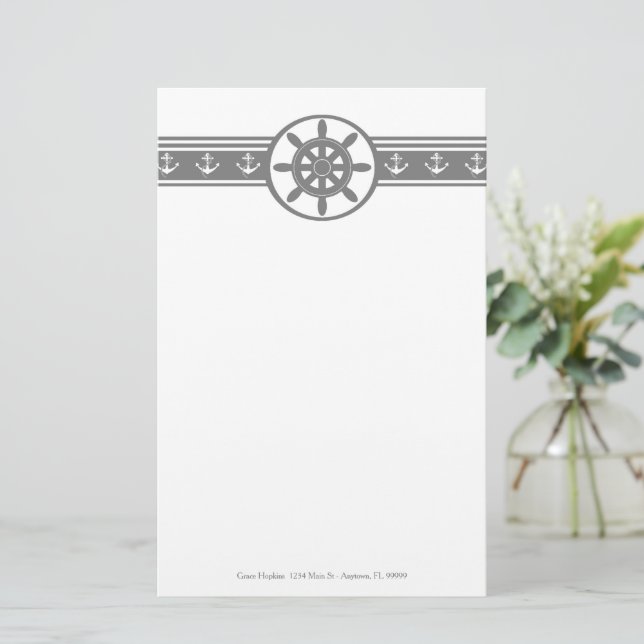 Grey Ships Wheel Personalised Stationery (Standing Front)