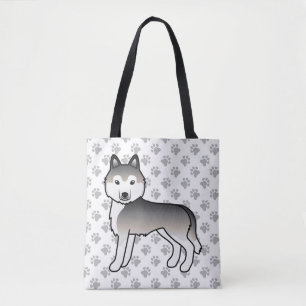 Grey Siberian Husky Cartoon Dog & Paws Tote Bag