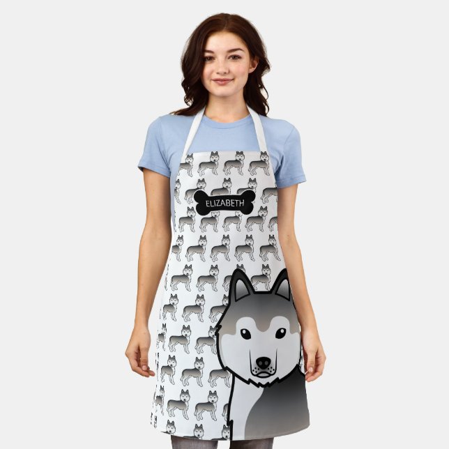 Grey Siberian Husky Cute Cartoon Dog & Name Apron (Worn)