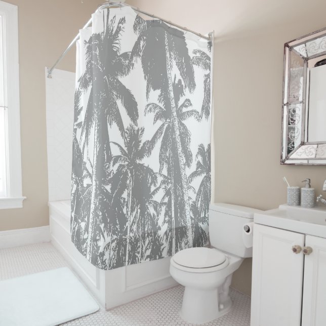 Grey Silhouetted Palm Trees Design Shower Curtain (In Situ)