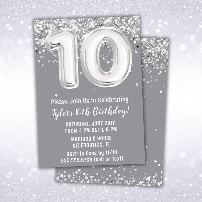 Grey Silver 10th Birthday Party Invitation (Creator Uploaded)