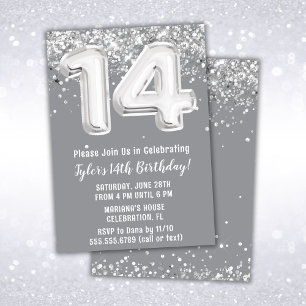 Grey Silver 14th Birthday Party Invitation