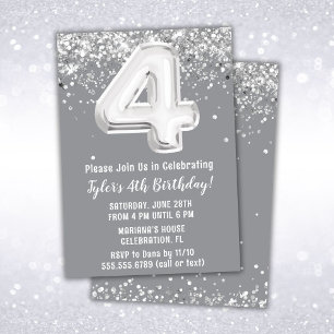 Grey Silver 4th Birthday Party Invitation