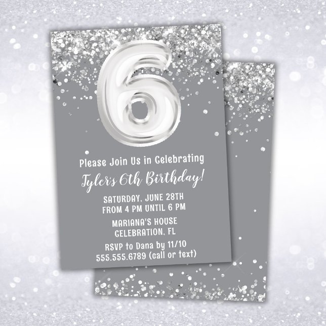 Grey Silver 6th Birthday Party Invitation (Creator Uploaded)