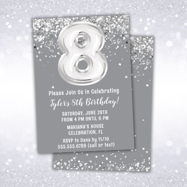 Grey Silver 8th Birthday Party Invitation (Creator Uploaded)