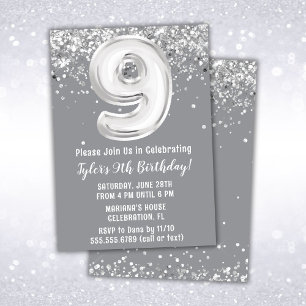 Grey Silver 9th Birthday Party Invitation
