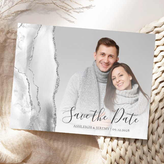 Grey Silver Agate Custom Photo Save the Date Postcard (Creator Uploaded)