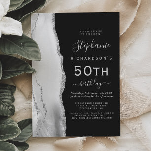 Grey Silver Agate Dark 50th Birthday Invitation