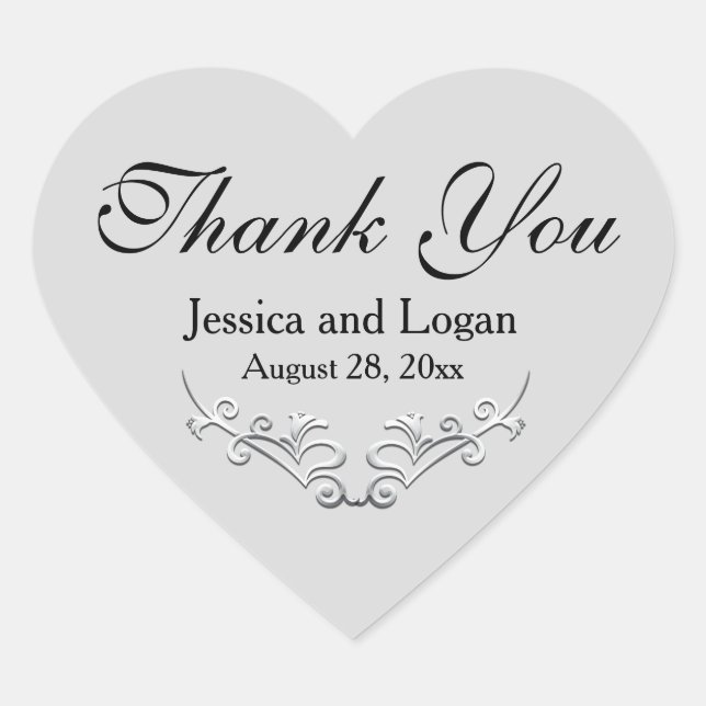 Grey Silver and Black Modern Heart Wedding Sticker (Front)