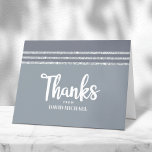 Grey Silver Bar Mitzvah Tallit Modern Bold Script Thank You Card<br><div class="desc">Make sure your favourite Bar Mitzvah shows his appreciation to all who supported his milestone event! Send out this cool, unique, modern, personalised thank you card. Bold, white script typography, Star of David, and a soft grey and silver glitter striped tallit inspired graphic overlay a simple, lighter soft grey background....</div>