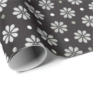Grey Silver Black Foil Floral Daisy Dots Wrapping Paper