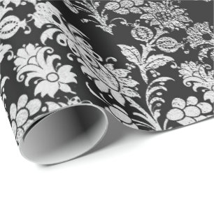 Grey Silver Black Foil Floral Elegant Metallic Wrapping Paper