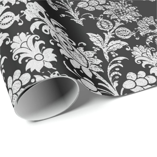 Grey Silver Black Foil  Floral Elegant Metallic Wrapping Paper (Roll Corner)