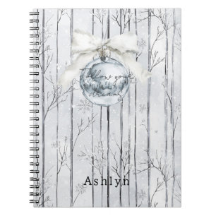 Grey Silver Bow Ornament Christmas Winter Trees Notebook