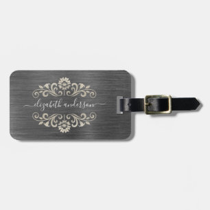 Grey Silver Brushed Metal Monogram Name Script Luggage Tag