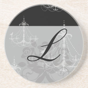 grey silver chandelier damask on black coaster