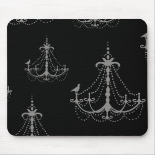 grey silver chandelier damask on black mouse mat