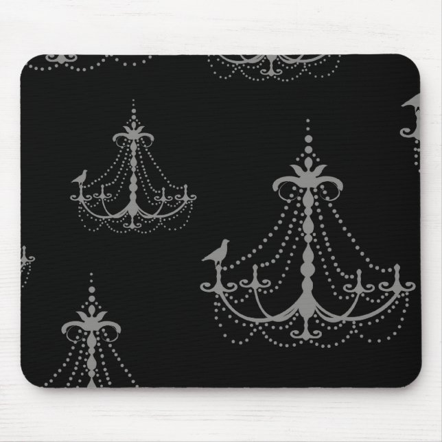 grey silver chandelier damask on black mouse mat (Front)