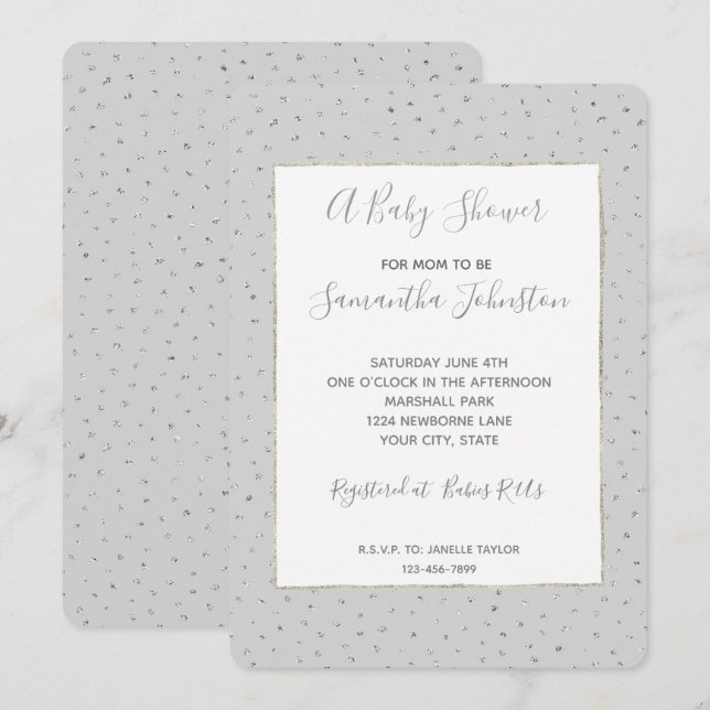 Grey Silver Confetti Baby Shower Invitation (Front/Back)