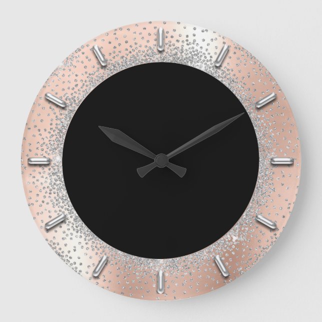 Grey Silver Crystals Black Rose Abstract Elegant Large Clock (Front)
