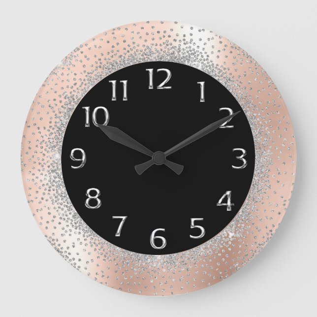 Grey Silver Crystals Black Rose Arabian Numbers Large Clock (Front)