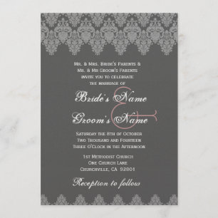 Grey Silver Damask Wedding Premium Metallic Invitation
