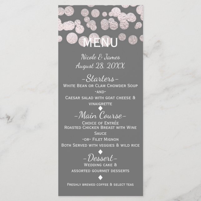 Grey Silver Dots Elegant Glam Wedding Menu Card (Front)
