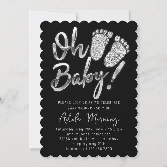 Grey Silver Feet Baby Girl Boy Shower Black Invitation (Front)