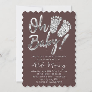 Grey Silver Feet Baby Girl Boy Shower Rose Brown Invitation