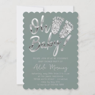 Grey Silver Feet Baby Girl Boy Shower Smoky Green  Invitation