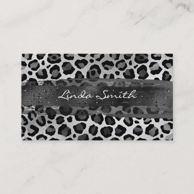 Grey Silver Foil Leopard Brush Stroke Business Card (Front)