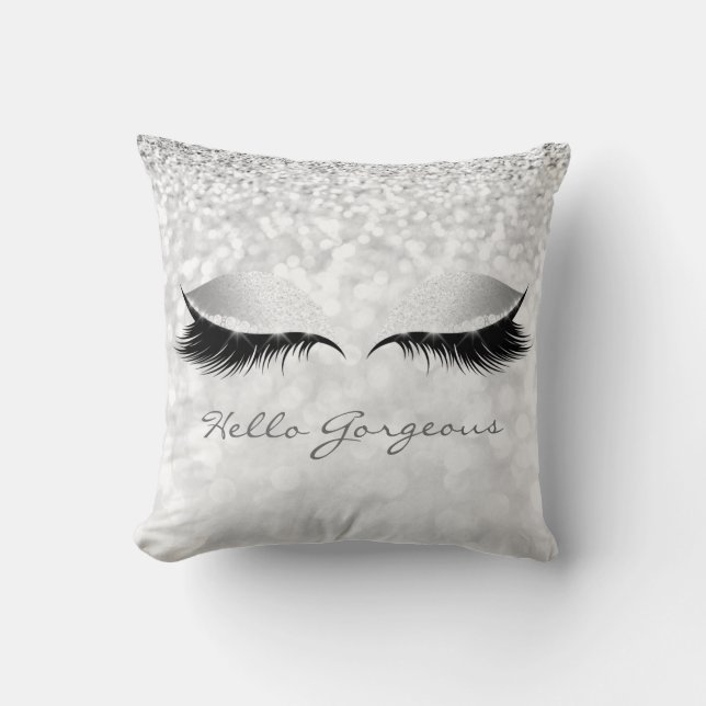 Grey Silver Girly Makeup Lashes Hello Gorgeous Cushion (Front)