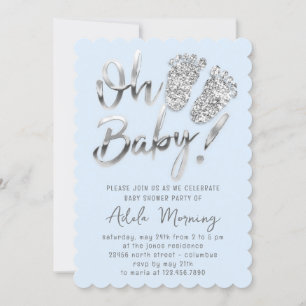 Grey Silver Glitter Effect Feet Baby Girl Boy Blue Invitation
