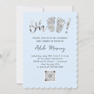 Grey Silver Glitter Feet Baby Girl Boy Blue QRCODE Invitation