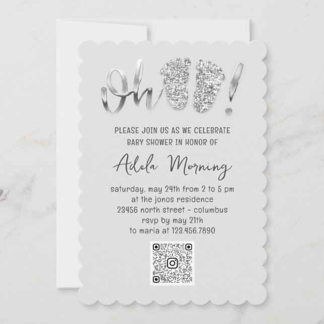 Grey Silver Glitter Feet Baby Girl Boy QR CODE Invitation (Front)