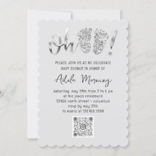 Grey Silver Glitter Feet Baby Girl Boy QR CODE Invitation