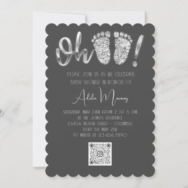 Grey Silver Glitter Feet Baby Girl Boy QRCODE Grey Invitation (Front)