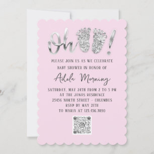 Grey Silver Glitter Feet Baby Girl QR CODE Pink  Invitation