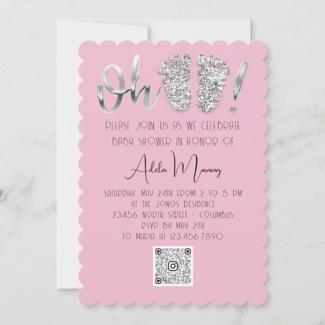 Grey Silver Glitter Feet Baby Girl QR CODE Pink Invitation (Front)