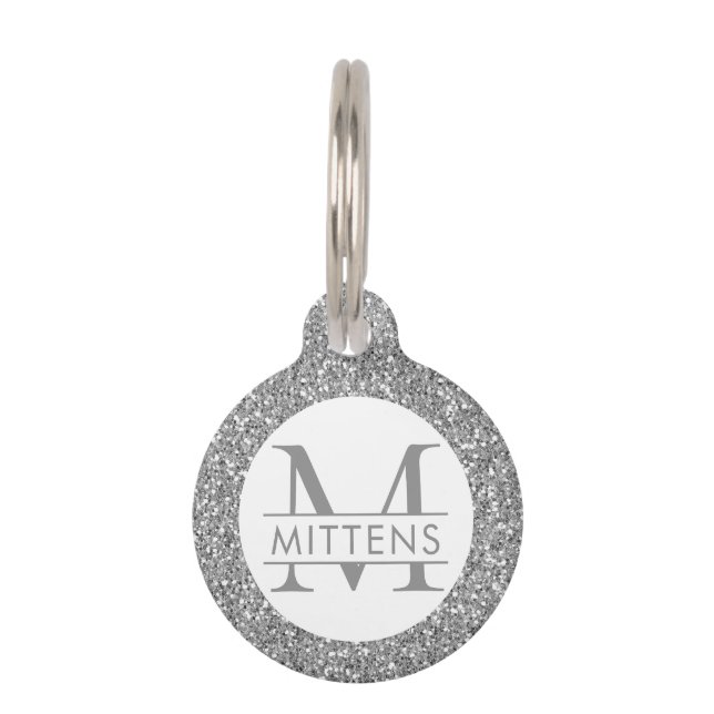 Grey Silver Glitter Pink Sparkle Pretty Pet Tag (Front)