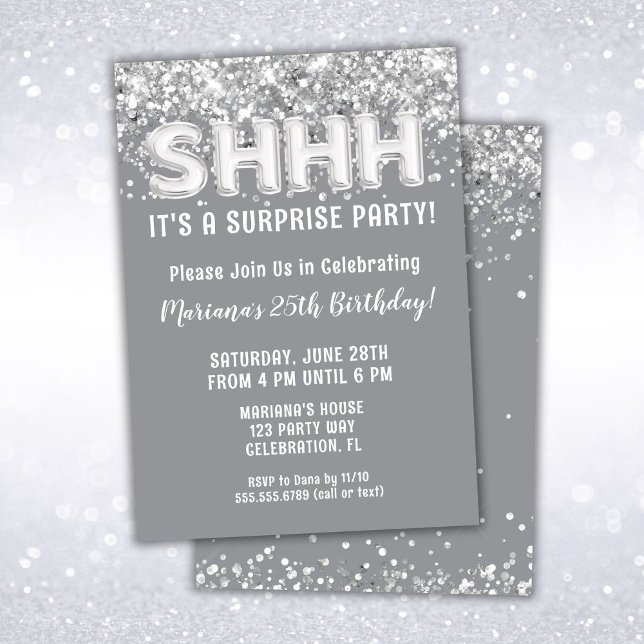 Grey Silver Glitter Surprise Birthday Party Invitation (Creator Uploaded)