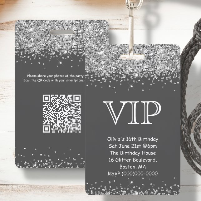 Grey & Silver Glitter | VIP Birthday Invitation ID Badge (Creator Uploaded)