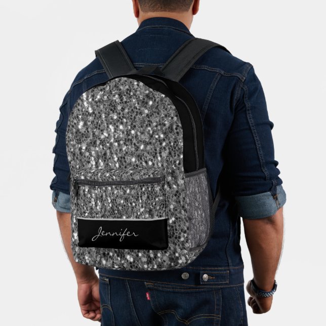 Grey silver glitters sparkles black Custom name Printed Backpack (Insitu (Model))