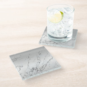 Grey Silver Glitzy Faux Glitter Glass Coaster