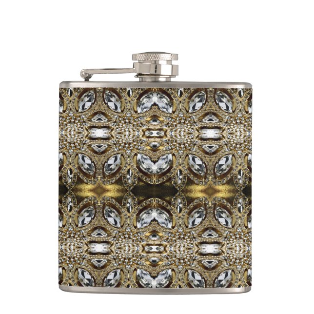 grey silver gold and black art deco pattern hip flask (Front)